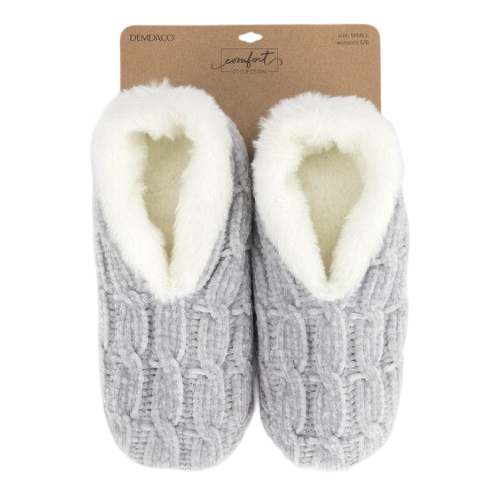 Demdaco Grey Chenille Cable Knit Slippers w/ Cozy Sherpa Lining