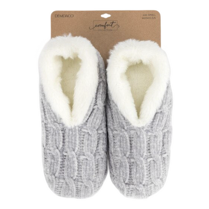 Demdaco Grey Chenille Cable Knit Slippers w/ Cozy Sherpa Lining