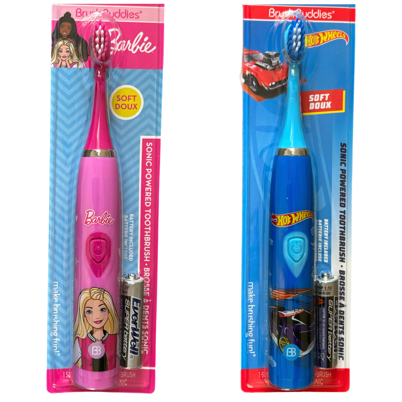 2pk Brush Buddies Children's Barbie or  Hot Wheels Electric Toothbrush