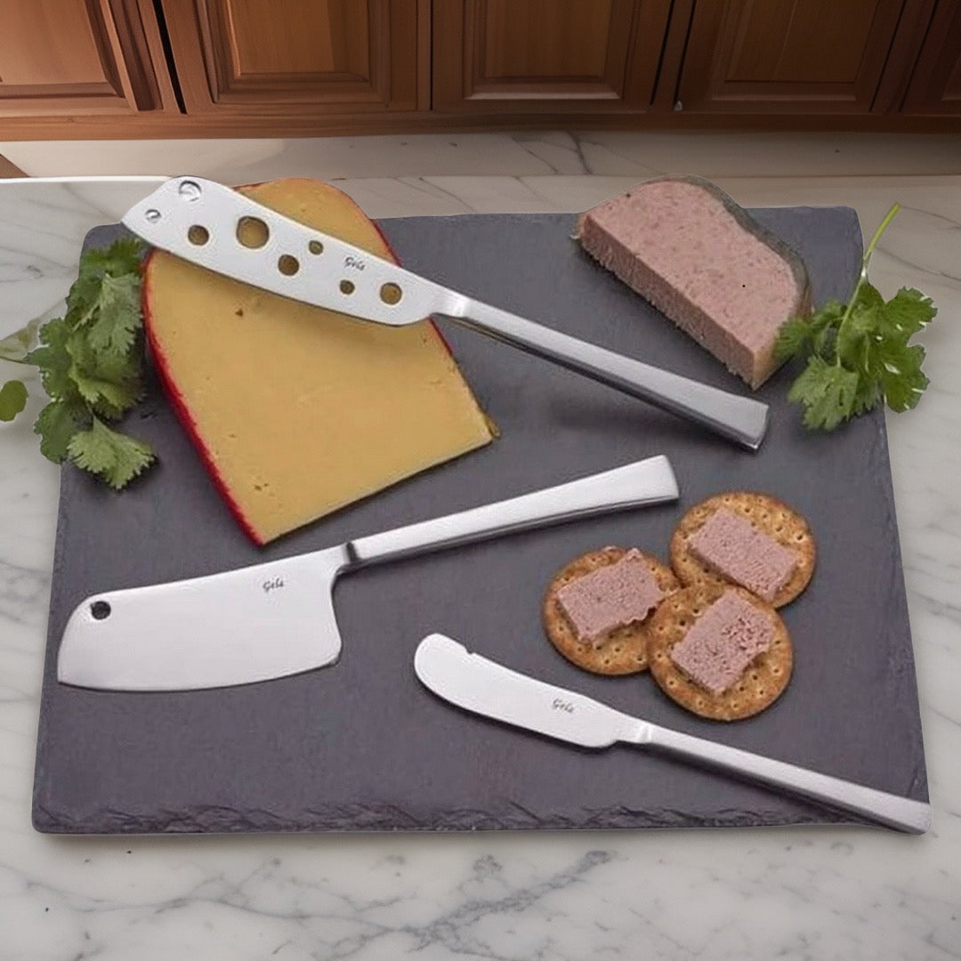 4pc Natural Stone Slate Cheese Board Charcuterie Set - Stainless Steel Knives