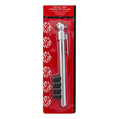 Pencil Air Pressure Tire Gauge w/ 4 Valve Stem Caps - For Cars, Trucks & Bikes