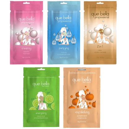Que Bella Facial Scrubs & Masks – Exfoliating, Hydrating, and Purifying Single-Use Treatments