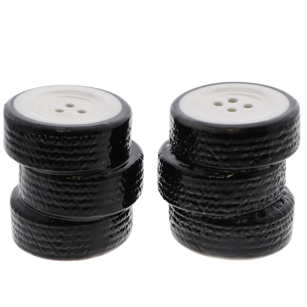 Stack of Tires Salt & Pepper Shaker Set – Ceramic Auto-Themed Kitchen Décor