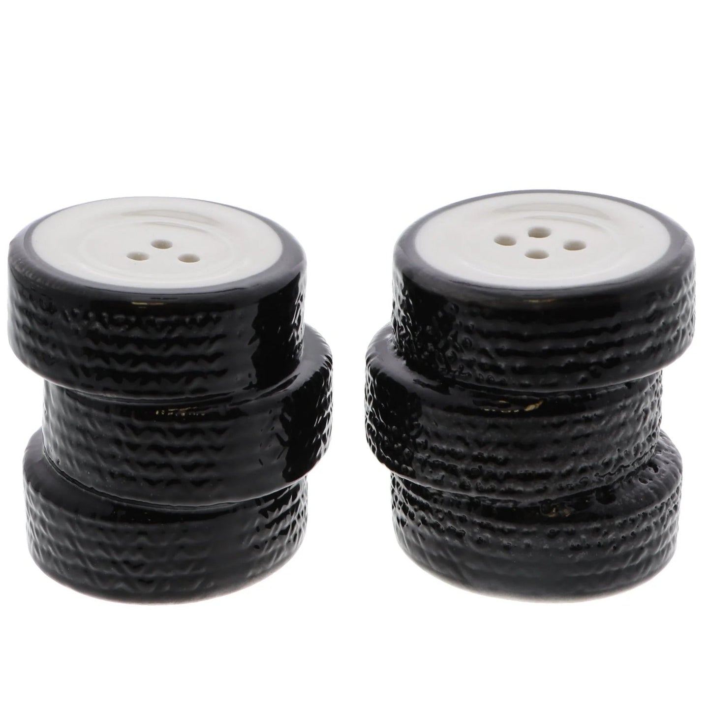 Stack of Tires Salt & Pepper Shaker Set – Ceramic Auto-Themed Kitchen Décor