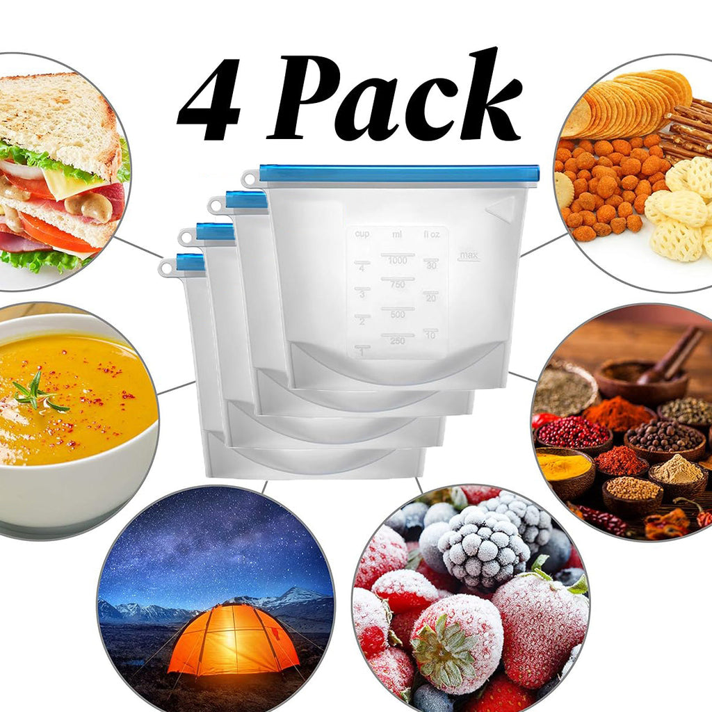 Reusable Silicone Food Storage Bags – 30oz Leakproof, Airtight, Food-Grade Quart Freezer Bags (4-Pack)