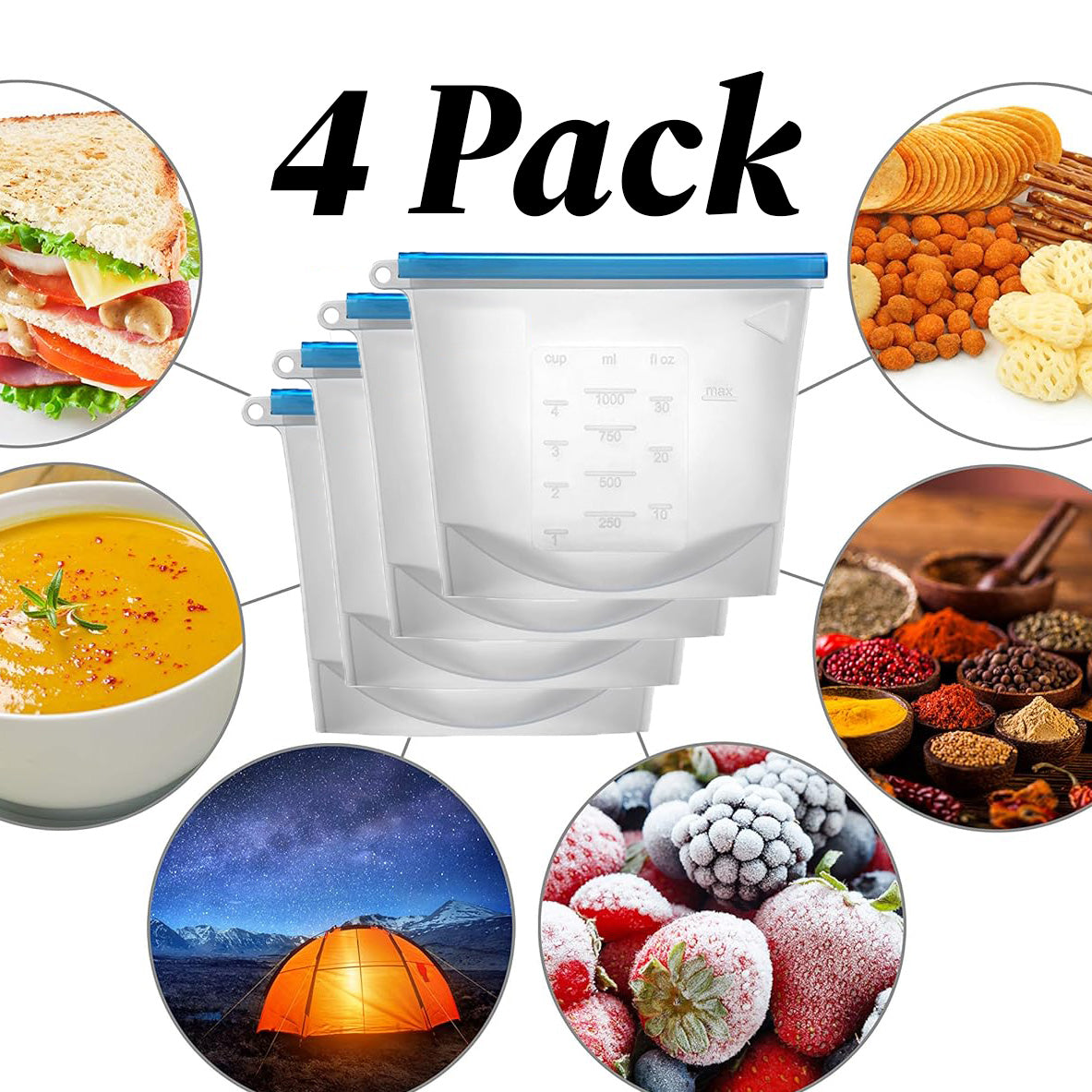 Reusable Silicone Food Storage Bags – 30oz Leakproof, Airtight, Food-Grade Quart Freezer Bags (4-Pack)