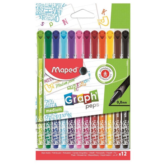 12pk Maped 0.8mm Graph' Peps Medium Tipped Fine Line Felt Pens - Triangular