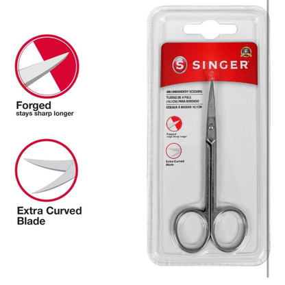 SINGER 4" In Embroidery Scissors w/ Curved Tip for Sewing - Titanium Coated