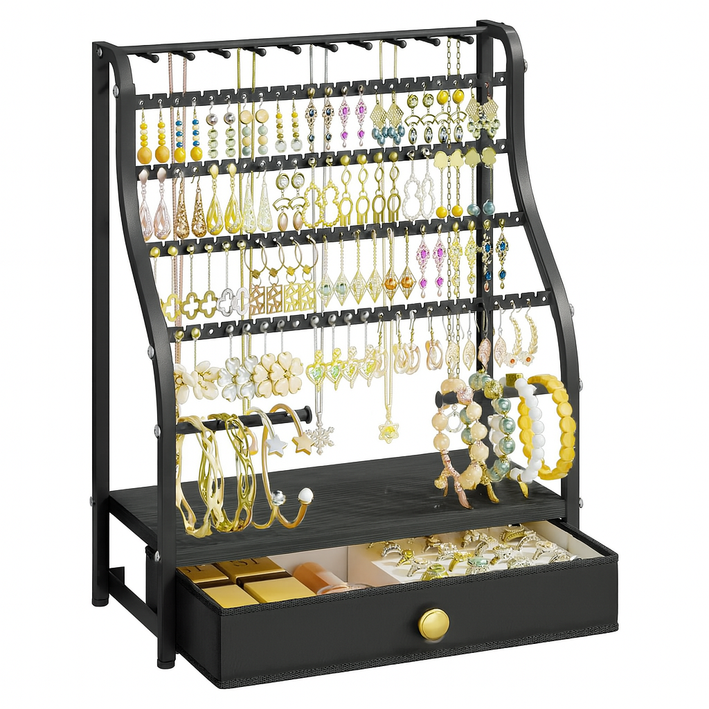 Earring Holder Organizer – 7-Tier Jewelry Stand with Drawer, Necklace Hooks & Watch Rods