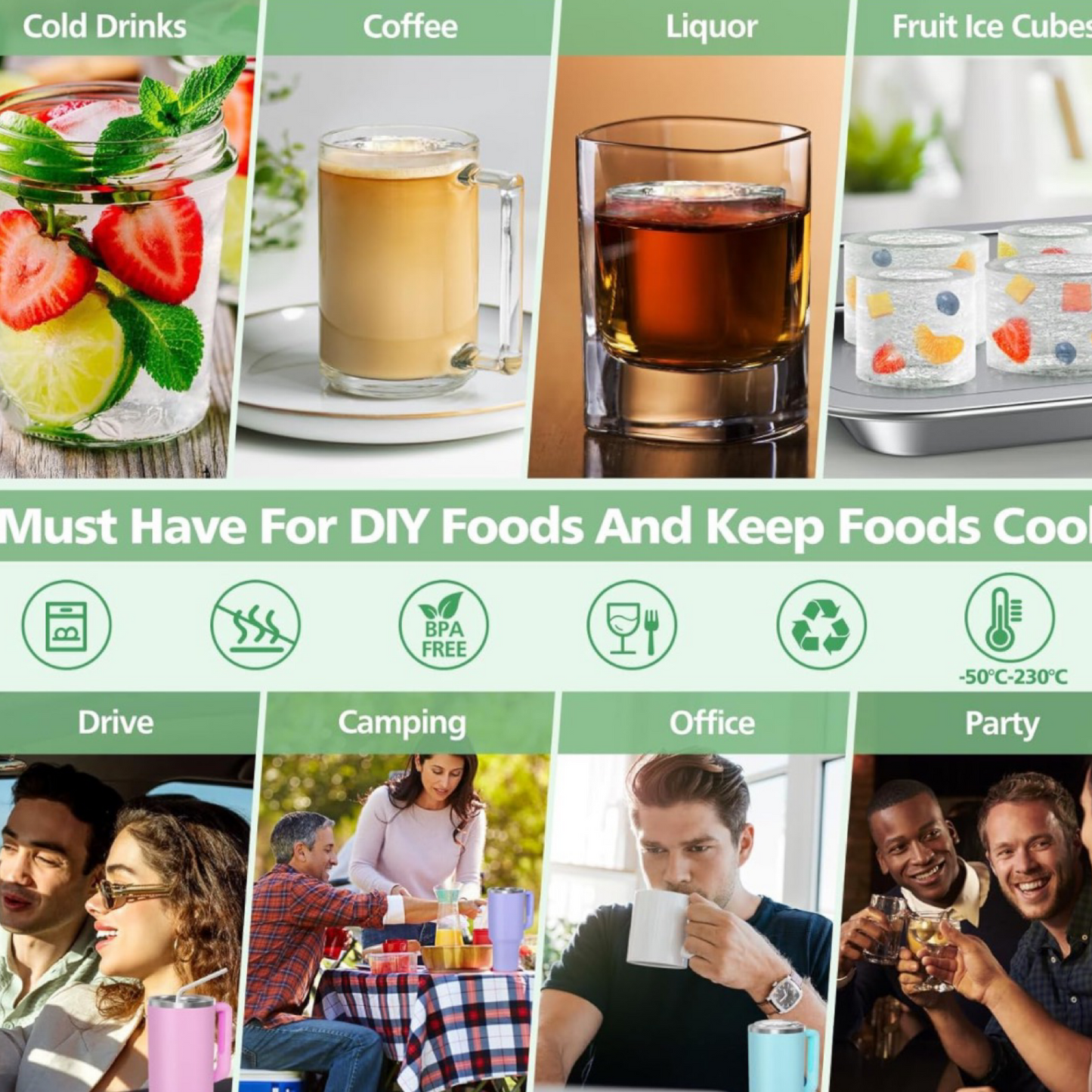 Silicone Ice Cube Tray, Hollow Ice Mold For Stanley Cups & Drinks - w/ Lid