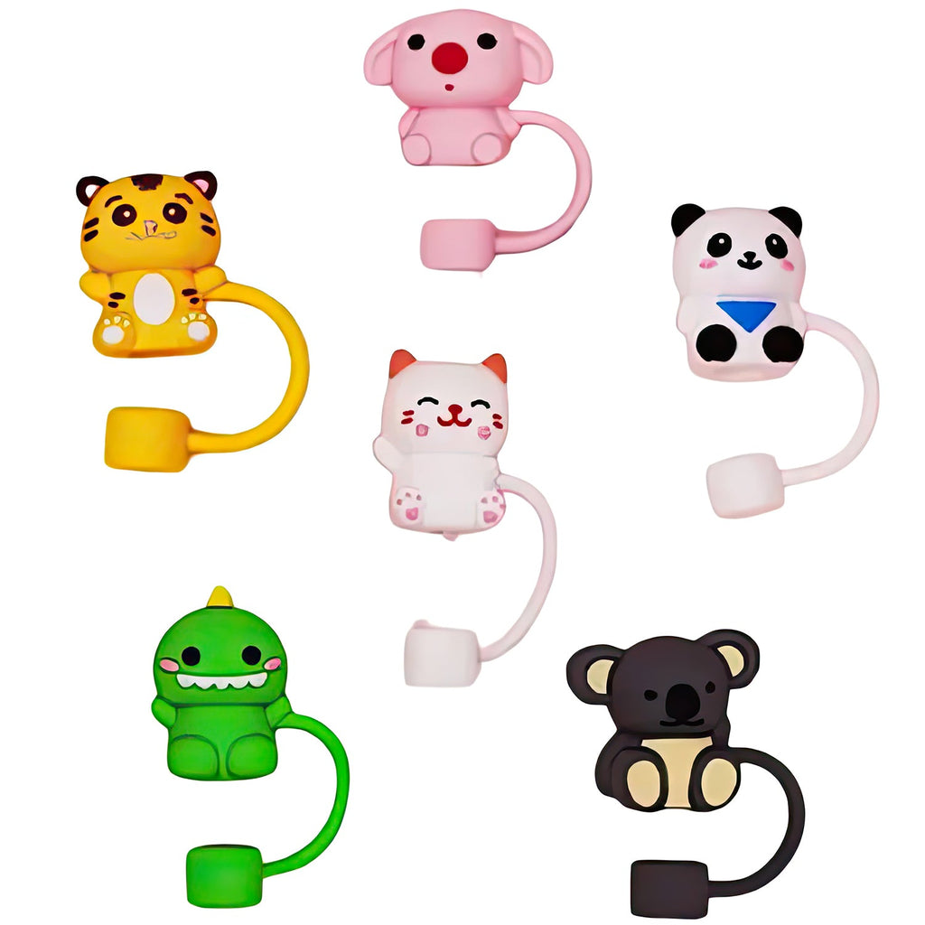 6pk 10mm Cute Silicone Animal Straw Toppers - Protects From Germs and Spills