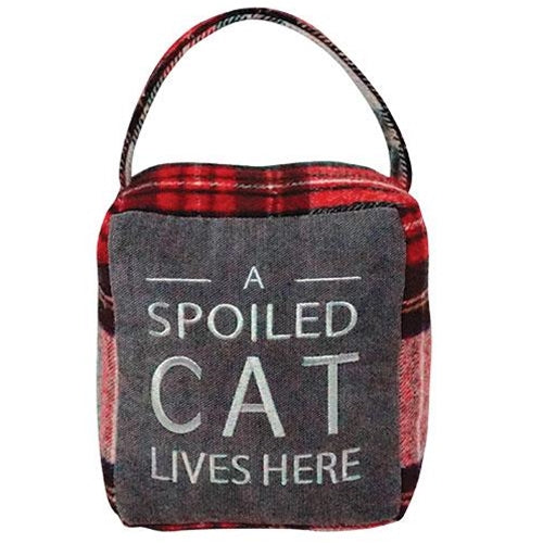8" Weighted Red Plaid Spoiled Cat Doorstop w/ Handle to Hang on Door.
