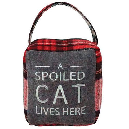 8" Weighted Red Plaid Spoiled Cat Doorstop w/ Handle to Hang on Door.