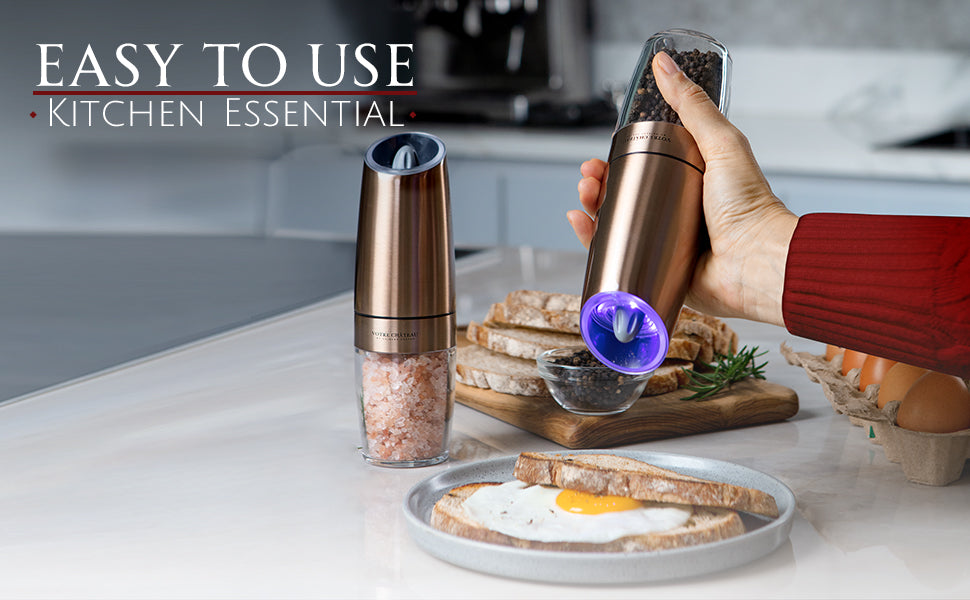 Gravity Electric Salt & Pepper Grinder 2 piece Set – Batteries, Scoop & Brush Included – 3 Colors by Votre Château