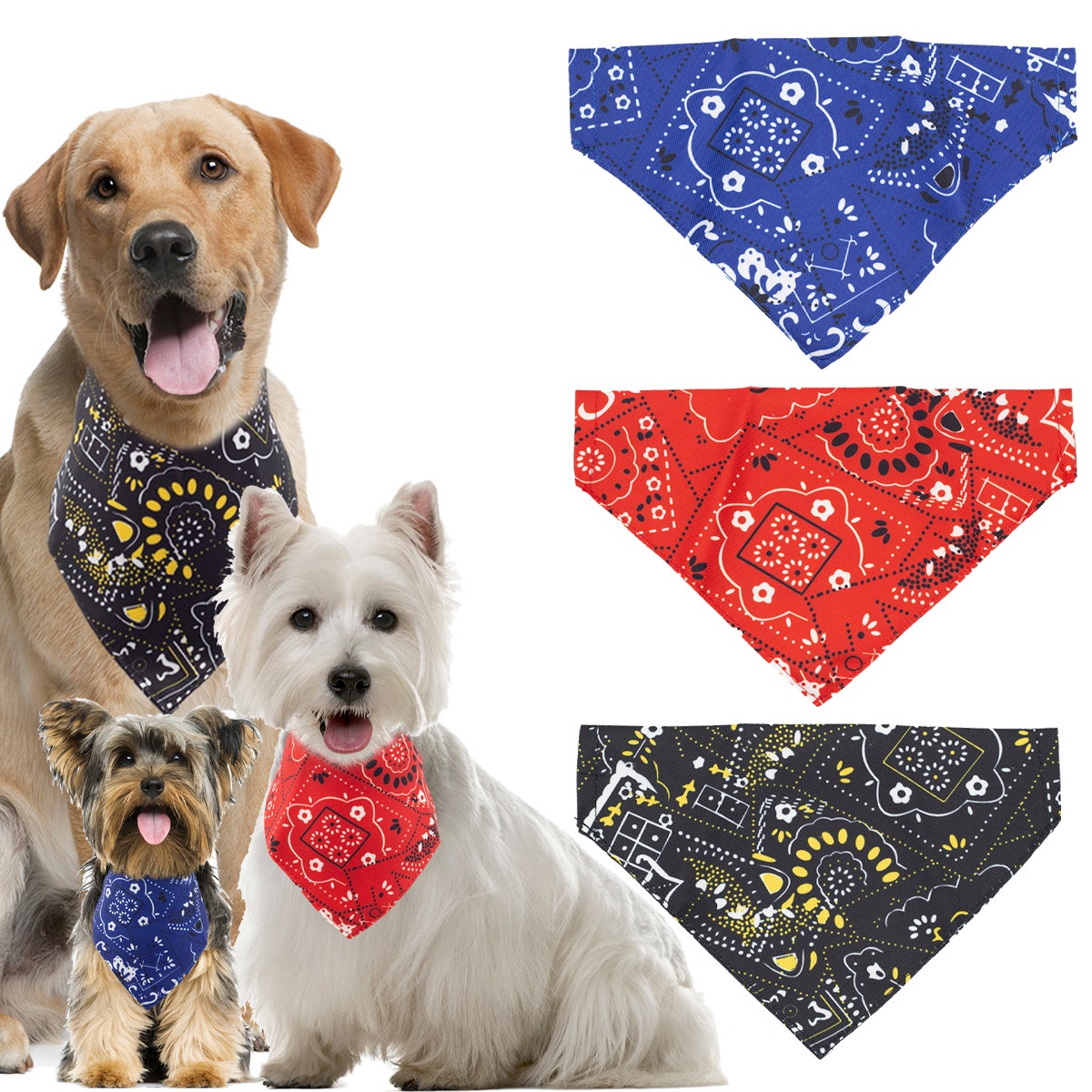 3pk Bandana Dog Collar Accessory – Classic Paisley Pet Bibs (Medium/Large)