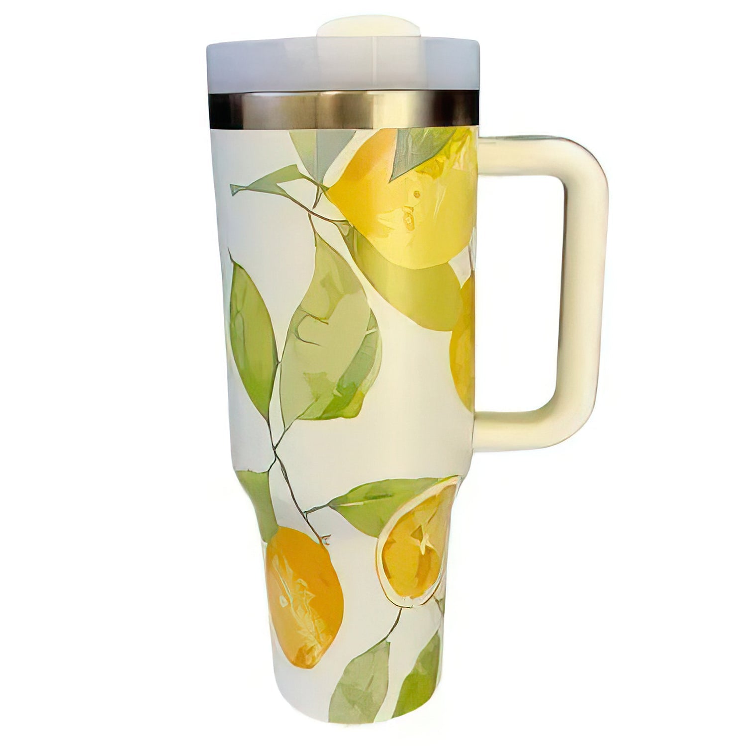 40 oz Lemon Print Stainless Steel Tumbler – Insulated Mug with Handle, Lid & Straw