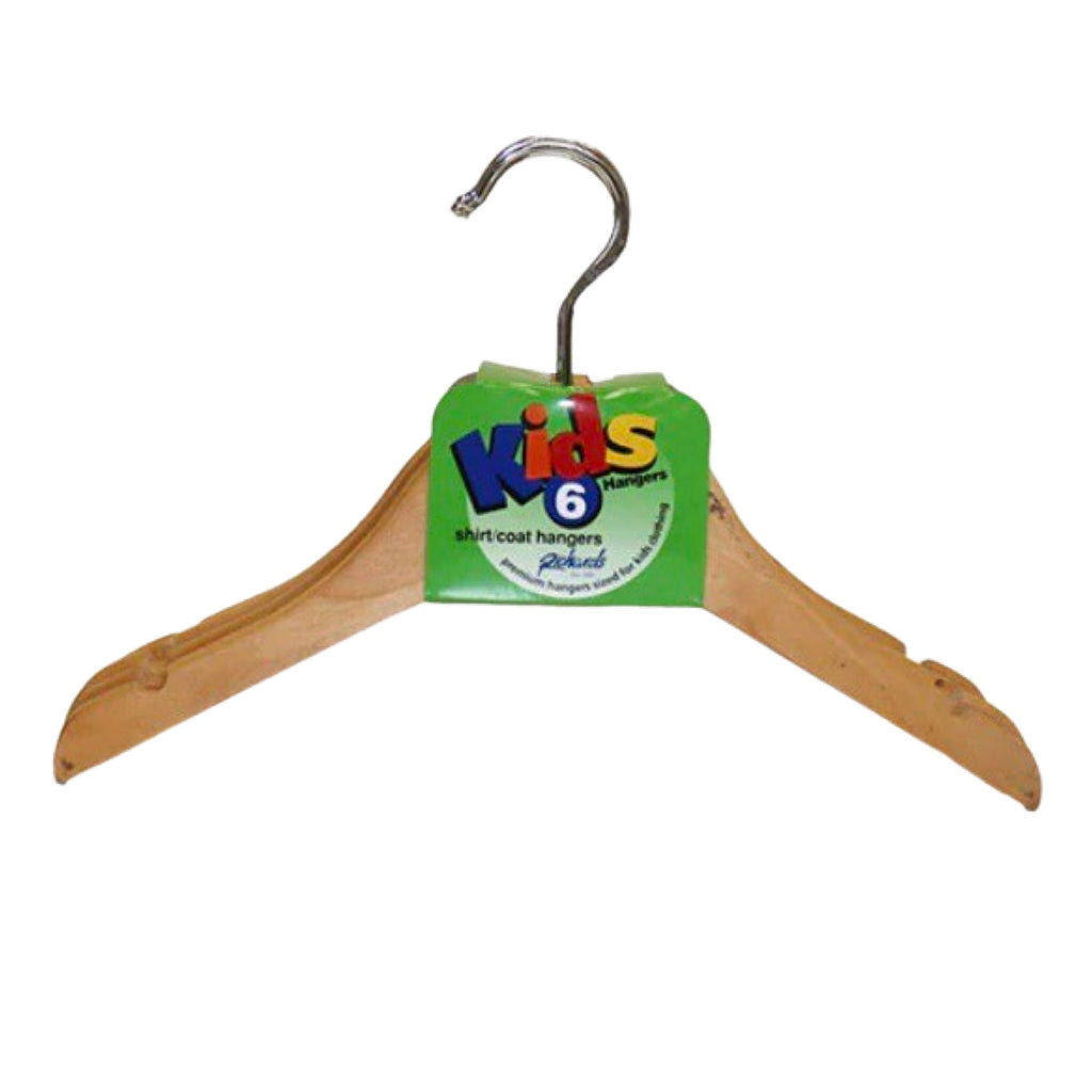 6pk 12" Natural Hardwood Kids Shirt and Coat Hanger W/ Swivel Hook & Notches