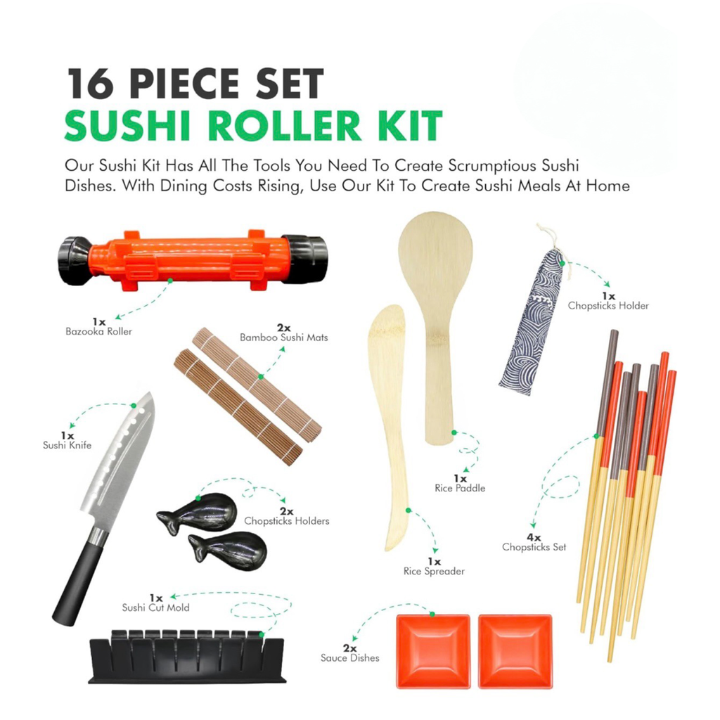 16pc Deluxe Sushi Making Kit w/Bazooka & Rolling Mat - Make Your Own!