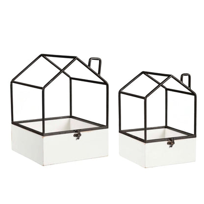 2pc House Shaped Metal and Wood Terrariums - Homes For Your Plants