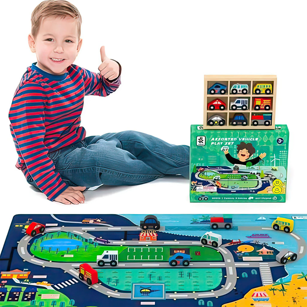 10pc Wooden Vehicle Set and Colorful Play Mat