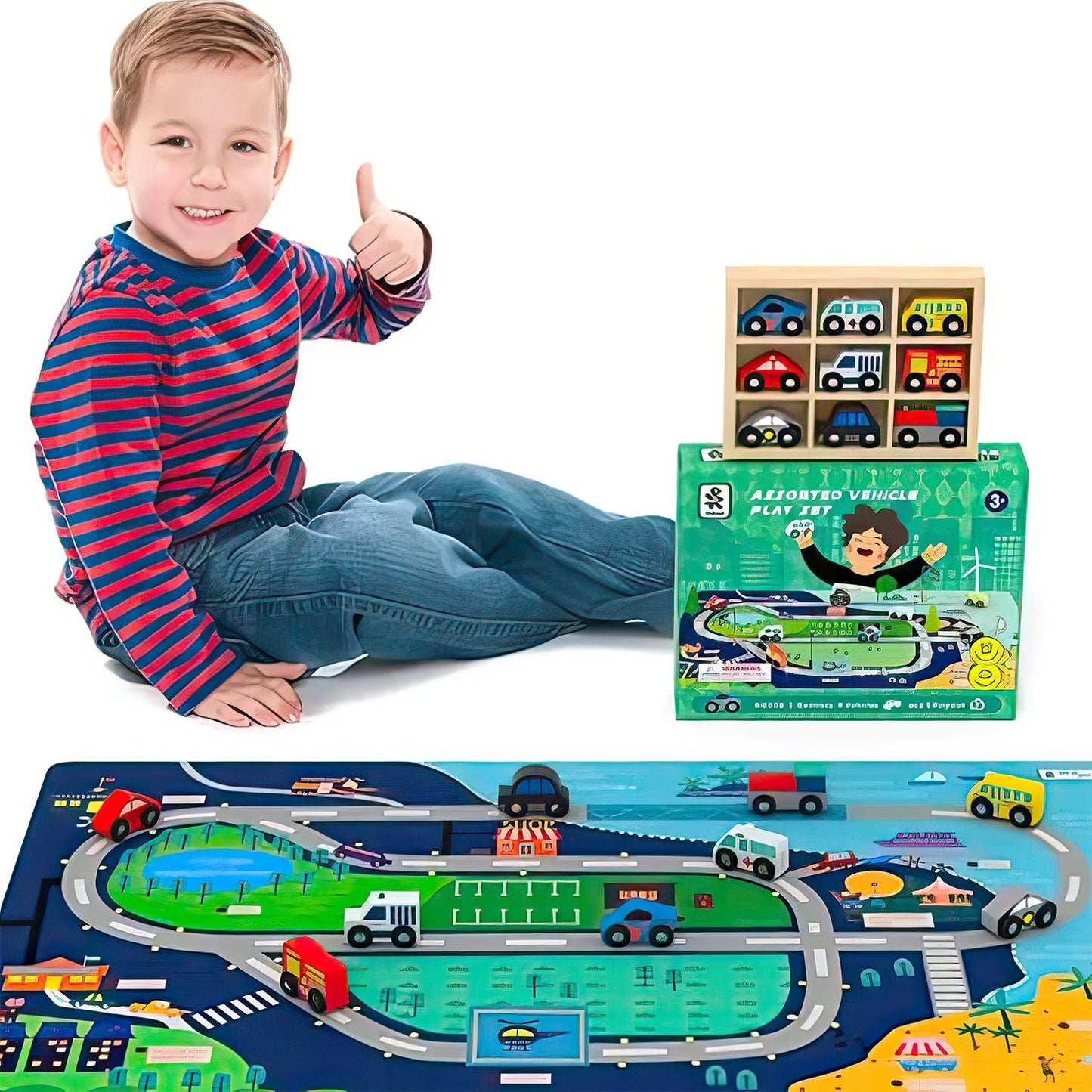 10pc Wooden Vehicle Set and Colorful Play Mat