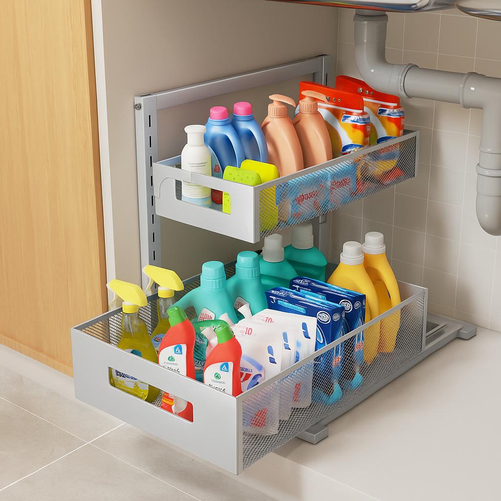 Under Sink Pull-Out Cabinet Organizer – 2-Tier Sliding Drawers, Adjustable Height