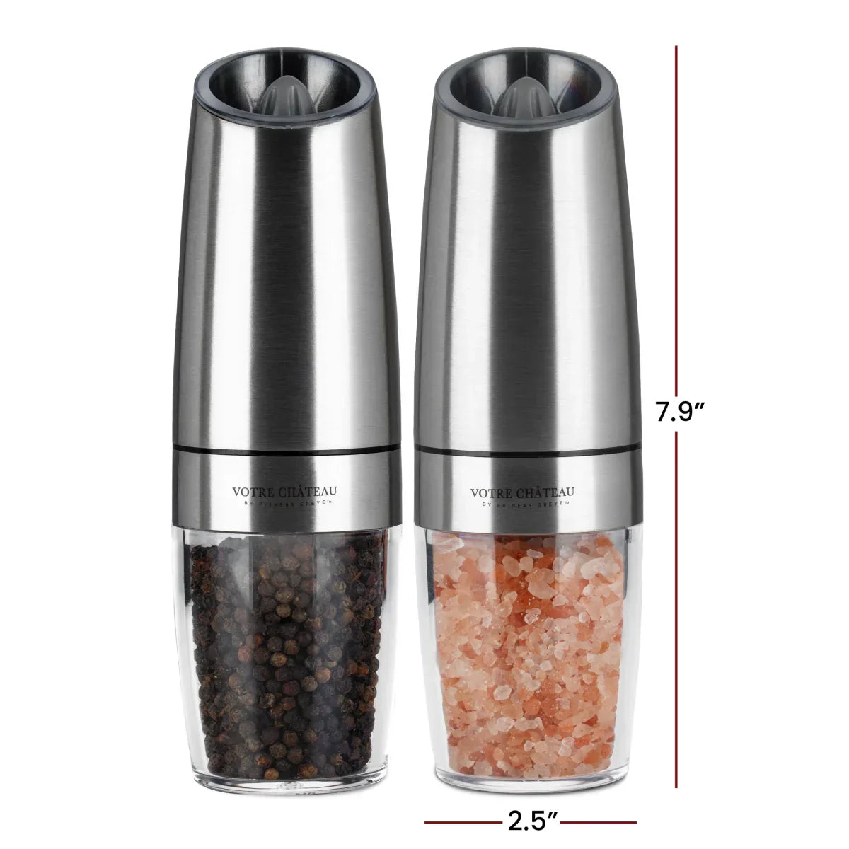 Gravity Electric Salt & Pepper Grinder 2 piece Set – Batteries, Scoop & Brush Included – 3 Colors by Votre Château
