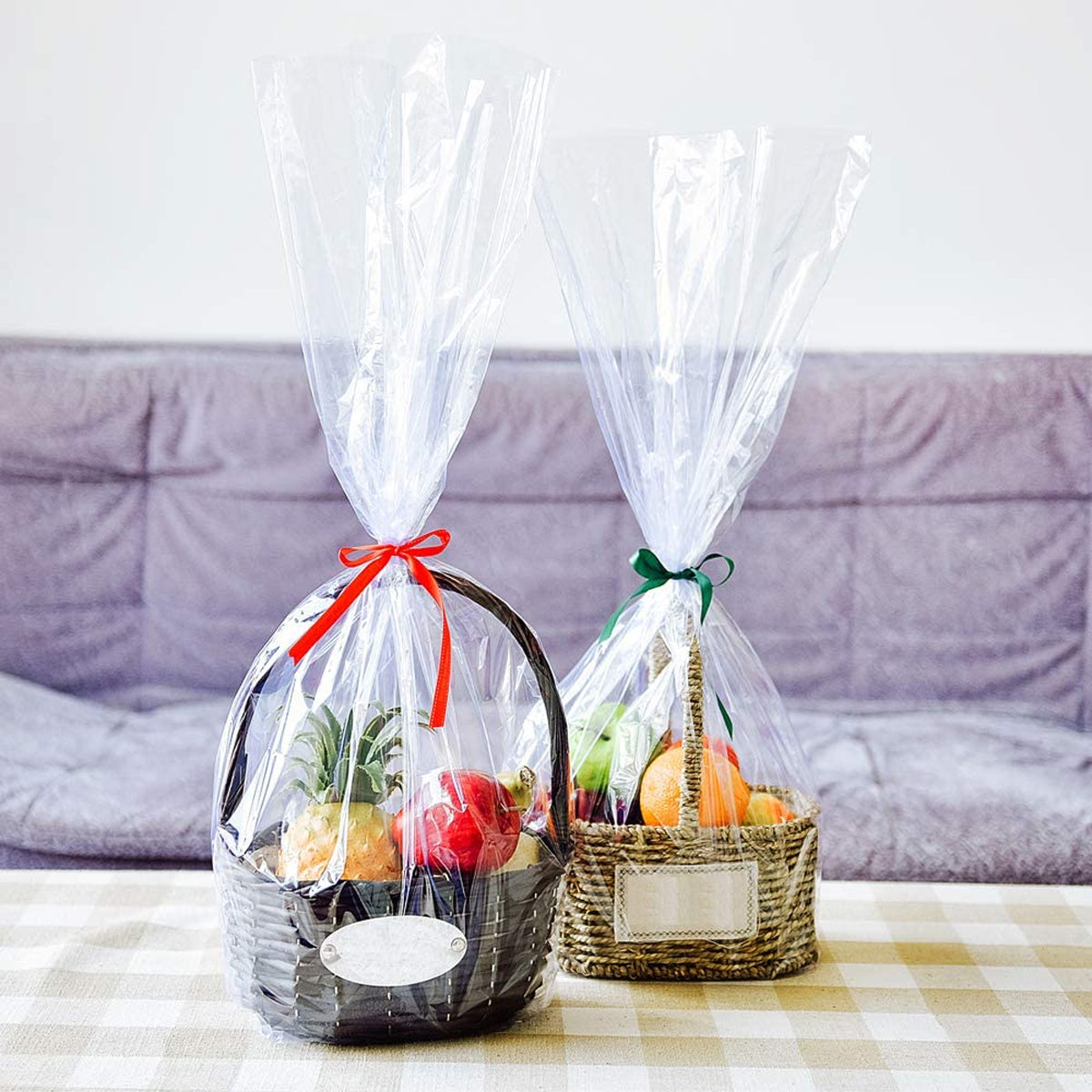 Basket Shrink Wrap With Accent Ribbons – For Gifts, Stylish