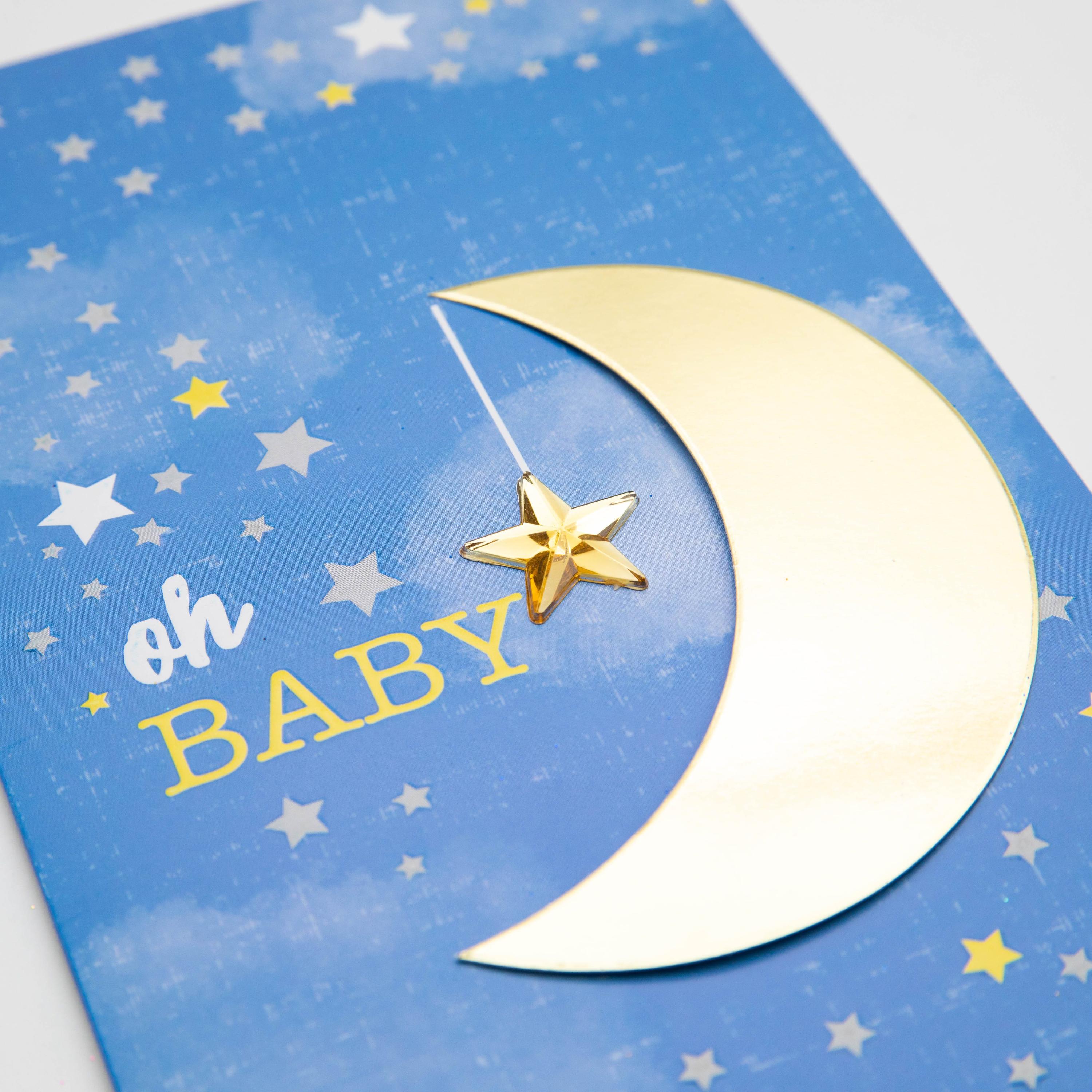 PaperCraft Handmade Baby Birthday Card – Moon & Gemstone Star