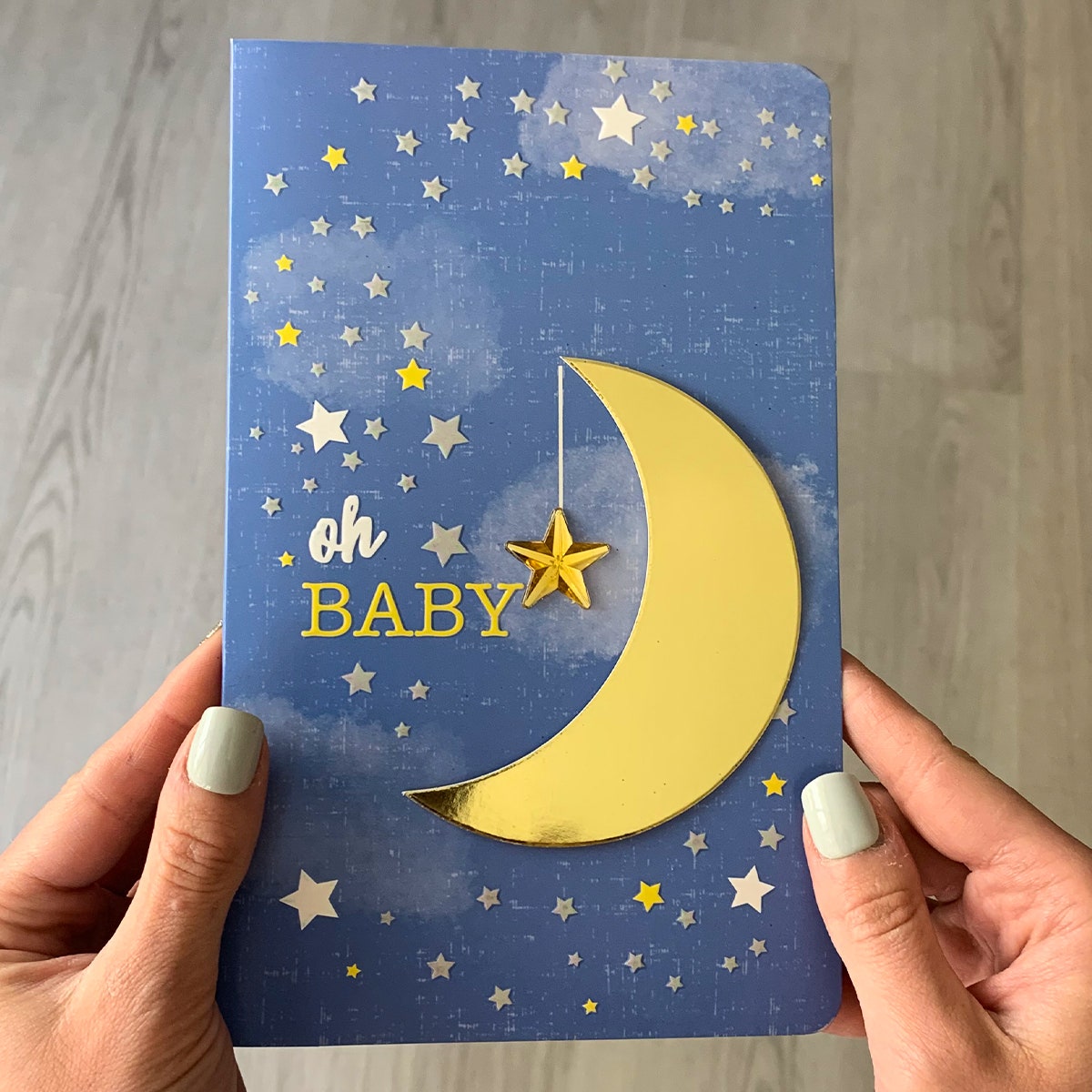PaperCraft Handmade Baby Birthday Card – Moon & Gemstone Star